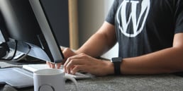 A person wearing a t-shirt with the Wordpress logo
